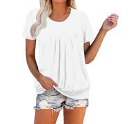 AMhomely Ladies Blouse Top Pleated Tunic Tops for Women UK Summer Short Sleeve T Shirts Crewneck Ruched Tees Shirts Solid Basic Casual Pullover Tops Plain Loose Ruched T Shirts Going Out White L