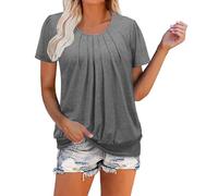 AMhomely Ladies Blouse Top Pleated Tunic Tops for Women UK Summer Short Sleeve T Shirts Crewneck Ruched Tees Shirts Solid Basic Casual Pullover Tops Plain Loose Ruched T Shirts Going Out Dark Grey M