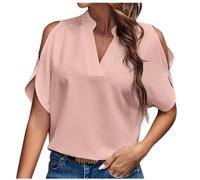 AMhomely Ladies Blouses Ladies Elegant Tunic Tops Summer Lapel Short Sleeve Shirts Cold Shoulder Tunic Tops V Neck Elegant Party Tees Shirts Solid Loose Pullover Blouse Office Work Pink L