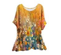 AMhomely Ladies Blouses Plus Size Imitation Linen Tops for Women UK Casual Loose Shirts Short Sleeve Summer T Shirts Vintage Floral Print Round Neck Blouse Pullover Tunic Shirts Vacation Multicolor M