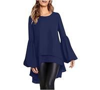 AMhomely Ladies Blouses Womens Short Front Long Back Tops Long Sleeve Casual Pullover Blouse Chiffon Casual Blouse Crewneck Flare Sleeve Pullover Tops Elegant Party Tees Shirts Office Dark Blue XL