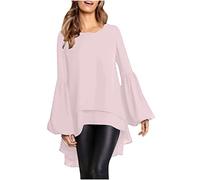 AMhomely Ladies Blouses Womens Short Front Long Back Tops Long Sleeve Casual Pullover Blouse Chiffon Casual Blouse Crewneck Flare Sleeve Pullover Tops Elegant Party Tees Shirts Office Pink S