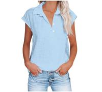 AMhomely Ladies Cap Sleeve Blouse Womens Cotton Linen Sleeveless Vest Button Collar Tunic Tops Solid Loose Henley Shirts T Shirts Loose Classic Summer Blouse Going Out Tees Holiday Sky Blue S