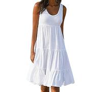 AMhomely Ladies Casual Summer Tank Sleeveless Knee Length Casual Sundress Ladies A Line Sleeveless Skater Midi Dress Sale Clearance, 01 White, S