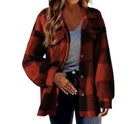 AMhomely Ladies Checked Fleece Shacket for Women - UK Plus Size Plaid Shirt Oversized Baggy Shacket Top - Boyfriend Button Down Retro Jacket Winter Warm Cardigan - Red M