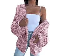 AMhomely Ladies Chunky Knitted Cardigan Womens Oversize Baggy Bobble Sleeve Open Front Cardigan Winter Sweater Top Knitted Twist Sweater Solid Color Short Jumpers Jacket A-Pink