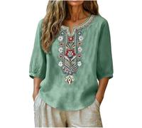 AMhomely Ladies Cotton Linen Tops-Embroidery Short Sleeve Blouses,3/4 Sleeve Shirts Plus Size,Elegant Party Oversized Tunic Tops,V Neck,Boho Casual Beach Tees Shirts,Holiday Vacation A Mint Green 3XL