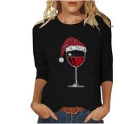 AMhomely Ladies Festive Christmas Tops-Red Christmas Wine Glasses,3/4 Sleeve,Plus Size,Xmas Tree,Santa Claus,Snowflake,Reindeer,Dwarf,Graphic Print Round Neck Tees Pullover J Black L
