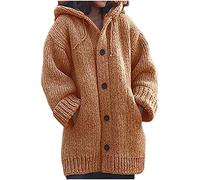 AMhomely Ladies Jacket- Women's Solid Color Single Breasted Pocket Hooded Warm Knitted Sweater Coat Top Womens Loose Cardigans Shirt Coats Jackets Trench Topcoats Orange