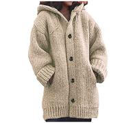 AMhomely Ladies Jacket- Women's Solid Color Single Breasted Pocket Hooded Warm Knitted Sweater Coat Top Womens Loose Cardigans Shirt Coats Jackets Trench Topcoats Khaki