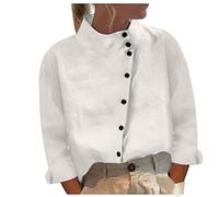AMhomely Ladies Linen Shirts and Blouses Button Up Tops for Women Elegant Office Blouse Tops Lapel Slant Collar Casual Tunic Shirts Oversized Tee ShirtsTops Grandad Collar Blouse Holiday White XL