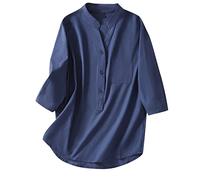 AMhomely Ladies Linen Shirts UK 3/4 Sleeve Tops for Women UK Plus Size Henley T Shirts Button Down Collar Tee Shirt Loose Business Office Blouse Elegant Going Out Grandad Collar Navy XL