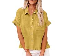 AMhomely Ladies Oversized Ruffled Blouses-Linen Blouses for Women Summer,Short Sleeve Elegant Button Tunic Tops,Solid Cropped Loose Casual Shirts,Party,Festive,Beach,Birthday A Yellow L