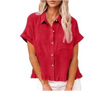 AMhomely Ladies Oversized Ruffled Blouses-Linen Blouses for Women Summer,Short Sleeve Elegant Button Tunic Tops,Solid Cropped Loose Casual Shirts,Party,Festive,Beach,Birthday A Red XXL