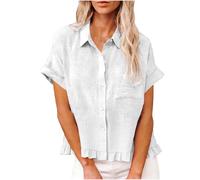 AMhomely Ladies Oversized Ruffled Blouses-Linen Blouses for Women Summer,Short Sleeve Elegant Button Tunic Tops,Solid Cropped Loose Casual Shirts,Party,Festive,Beach,Birthday A White XL