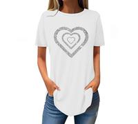 AMhomely Ladies Plus Size Short Sleeve Tops T Shirts Heart Print Summer Plus Size Tunic Tops Crewneck Casual Swing Shirts Love Graphic Pullover Blouse Round Longline Elegant White M