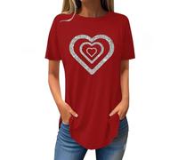 AMhomely Ladies Plus Size Short Sleeve Tops T Shirts Heart Print Summer Plus Size Tunic Tops Crewneck Casual Swing Shirts Love Graphic Pullover Blouse Round Longline Elegant Red M