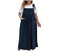 AMhomely Ladies Plus Size Sleevless Linen Summer Dress Pinafore Dungarees Dress Sloid Color Loose Fit Flared Swing Dress Casual Plain Pleated Maxi Dress,000 Blue,3XL