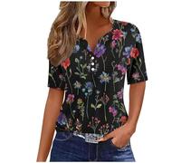 AMhomely Ladies Shirts Women Henley V Neck Button Up Tunic Plus Size Summer V Neck Tunic Tops Button Collar Tees Shirts Vintage Floral Basic Pullover Tops Office Work Daily Wear Going Out Black XXL
