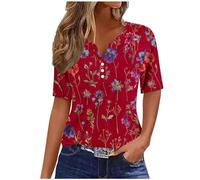 AMhomely Ladies Shirts Women Henley V Neck Button Up Tunic Plus Size Summer V Neck Tunic Tops Button Collar Tees Shirts Vintage Floral Basic Pullover Tops Office Work Daily Wear Going Out Red XL
