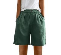 AMhomely Ladies Shorts Cotton Linen Shorts for Women UK Summer with Pocket Plain Casual Wide Leg Elastic Waisted Beach Baggy Gym Plus Size Cotton Linen Green XXL