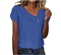 AMhomely Ladies Skew V Neck Tops Womens Summer Shirts and Blouses Short Sleeve Casual Tunic Tops Side Button s Tees Shirts Elegant Party Pullover Tops Loose Basic T Shirts Holiday Vacation Blue XL