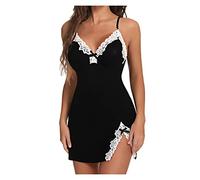 AMhomely Ladies Sleeveless Nightdresses Ladies Cute Girl Solid Cute Erotic V-neck Side Slit Lace Jumpsuit Lingerie Sets Sexy Outfits Chemises for Women UK Nightwear