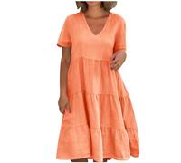 AMhomely Ladies Summer Cotton Linen Dresses Plus Size Womens A Line Swing Dress Short Sleeve Casual Dress Solid Tiered Dresses Beach Sun Elegant Party Going Out Orange XXL