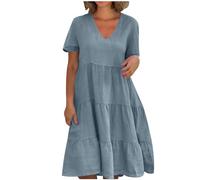 AMhomely Ladies Summer Cotton Linen Dresses Plus Size Womens A Line Swing Dress Short Sleeve Casual Dress Solid Tiered Dresses Beach Sun Elegant Party Going Out Light Blue XL