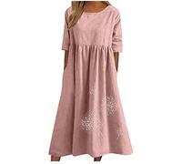 AMhomely Ladies Summer Dresses with Pockets-Cotton Linen Print Dresses Long,Dandelion,Plus Size Boho Sundress,Crewneck,Loose,Front Pleated Beach Dress,Office Work,Holiday Vacation A Pink XXL