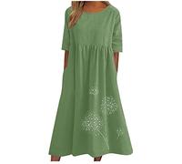 AMhomely Ladies Summer Dresses with Pockets-Cotton Linen Print Dresses Long,Dandelion,Plus Size Boho Sundress,Crewneck,Loose,Front Pleated Beach Dress,Office Work,Holiday Vacation A Green XXL