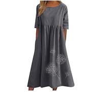 AMhomely Ladies Summer Dresses with Pockets-Cotton Linen Print Dresses Long,Dandelion,Plus Size Boho Sundress,Crewneck,Loose,Front Pleated Beach Dress,Office Work,Holiday Vacation A Dark Grey XL