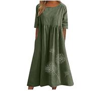 AMhomely Ladies Summer Dresses with Pockets-Cotton Linen Print Dresses Long,Dandelion,Plus Size Boho Sundress,Crewneck,Loose,Front Pleated Beach Dress,Office Work,Holiday Vacation A Army Green L
