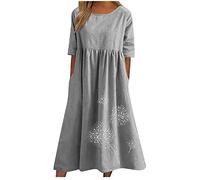 AMhomely Ladies Summer Dresses with Pockets-Cotton Linen Print Dresses Long,Dandelion,Plus Size Boho Sundress,Crewneck,Loose,Front Pleated Beach Dress,Office Work,Holiday Vacation A Grey L