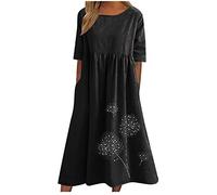 AMhomely Ladies Summer Dresses with Pockets-Cotton Linen Print Dresses Long,Dandelion,Plus Size Boho Sundress,Crewneck,Loose,Front Pleated Beach Dress,Office Work,Holiday Vacation A Black M