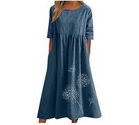 AMhomely Ladies Summer Dresses with Pockets-Cotton Linen Print Dresses Long,Dandelion,Plus Size Boho Sundress,Crewneck,Loose,Front Pleated Beach Dress,Office Work,Holiday Vacation A Blue M