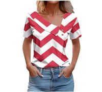 AMhomely Ladies Summer Tops Button Collar T Shirt Summer Short Sleeve Button Collar Tunic Tops Tees Shirts Loose Stripe Print Pullover Blouse Vintage Classic T Shirts Going Out Red M