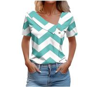 AMhomely Ladies Summer Tops Button Collar T Shirt Summer Short Sleeve Button Collar Tunic Tops Tees Shirts Loose Stripe Print Pullover Blouse Vintage Classic T Shirts Going Out Mint Green L