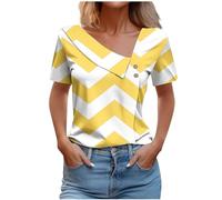 AMhomely Ladies Summer Tops Button Collar T Shirt Summer Short Sleeve Button Collar Tunic Tops Tees Shirts Loose Stripe Print Pullover Blouse Vintage Classic T Shirts Going Out Yellow L