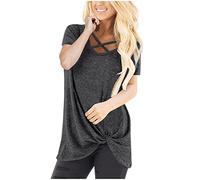AMhomely Ladies Summer Tops Womens Knot Twist Front Tops Solid Short Sleeve T Shirts Crisscross Neck Casual Pullover Tops Blouse Loose Basic Tees Shirts Plain Basic Blouse Sportswear Grey L