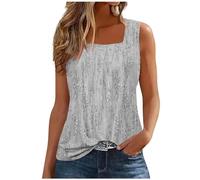 AMhomely Ladies Summer Vests Square Neck Sleeveless Tank Top Vintage Floral Print Pleated Camis Shirts Funny Fake Sequin Print Tanks Shirts Baggy Casual Pullover Tops Camisole Tunic Tops Grey XXL