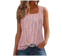 AMhomely Ladies Summer Vests Square Neck Sleeveless Tank Top Vintage Floral Print Pleated Camis Shirts Funny Fake Sequin Print Tanks Shirts Baggy Casual Pullover Tops Camisole Tunic Tops Pink M