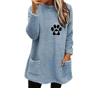 AMhomely Ladies Teddy Fleece Jumpers Plus Size Paw Graphic Sweatshirts Double Fleece Plus Size Casual Hooded Pullover Tops With Pocket Pet Paw Pattern Tunic Tops Fall Winter Shirts Light Blue S