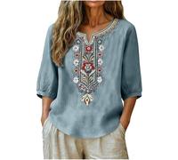AMhomely Ladies Tops 2026 Women's Summer Cotton Linen Short Sleeve-Embroidery Ethnic Blouse,Plus Size Holiday Shirts,Elegant Party Oversized Tunic Tops,V Neck,Boho Casual Beach Tees A Light Blue 3XL