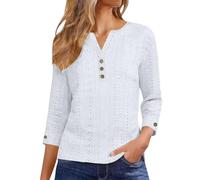AMhomely Ladies Tops 3/4 Sleeve-Blouses for Women UK Elegant Plus Size,Summer Henley T-Shirts,Eyelet Blouses Going Out,Solid Casual Pullover Tops,Daily Wear,Party A White M