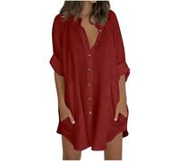 AMhomely Ladies Tops 3/4 Sleeve Oversized Cotton Linen Blouses Button Down Casual Office Tees Shirts Solid Loose Classic Tshirts Holiday Vacation 05 Red XL