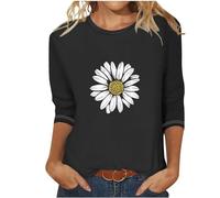 AMhomely Ladies Tops 3/4 Sleeve T Shirts for Women UK Plus Size Daisy Sunflower Dandelion Casual Tunic Tops Crewneck Floral Tees Shirts Boho Loose Pullover Basic T Office Work Black M