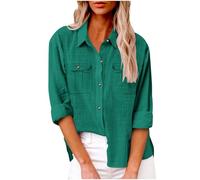 AMhomely Ladies Tops and Blouses Long Sleeve Oversized Shirts with Cargo Pocket Plain Cotton Linen Tees Shirts Lapel Casual Office Business Blouses Holiday Vacation D02 Green L