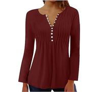 AMhomely Ladies Tops Black Tops for Women UK V Neck Button Down Shirts Flared 3/4 Sleeve Tunic Vintage Floral Pullover Plus Size Casual Longline Elegant Party Baggy T Shirts Wine M