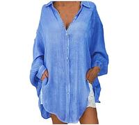 AMhomely Ladies Tops Oversized Button Down Shirt Women Plus Size Rolled Long Sleeve Cotton Linen Blouses Solid Laple Casual Office Tunic Tees Pullover Dressy Tops Going Out 01 Blue 3XL